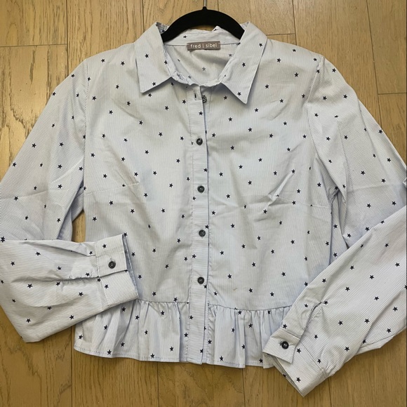 Star Print Peplum Button Down Shirt - Picture 2 of 6